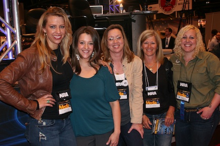 Natalie Foster, Lisa Looper, Barbara Baird, Tammy Ballew and Britney Starr in front of the NRA news area. Lisa was going to be interviewed by Cam Edwards, for her success with Flashbang Holsters. Photo by Mike Haller