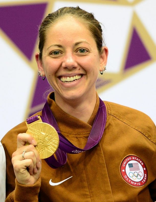 rifle shooting, Aug 4, 2012; London, United Kingdom; USA shooter Jamie Lynn Gray celebrates with her gold medal after winning the women's 50m rifle 3 position finals in the London 2012 Olympic Games at Royal Artillery Barracks. Mandatory Credit: Andrew Weber-USA TODAY Sports