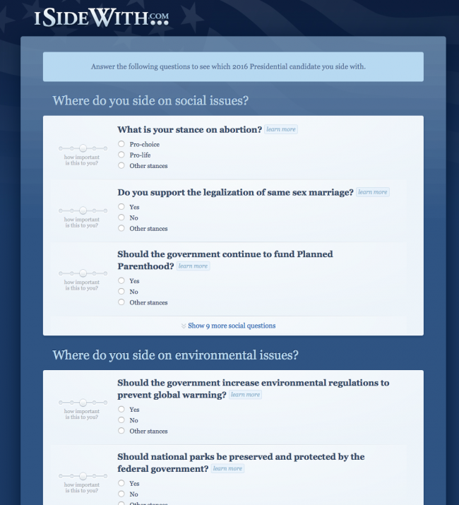 isidewith website to find which candidate you like election