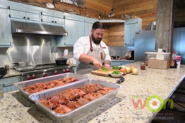 baked teal Dustie Latiolais, of Crawfish Town USA in Henderson, La. Latiolais prepared a chow-chow stuffed teal, with turnip greens, bacon jam and sweet potatoes with Tasso. 