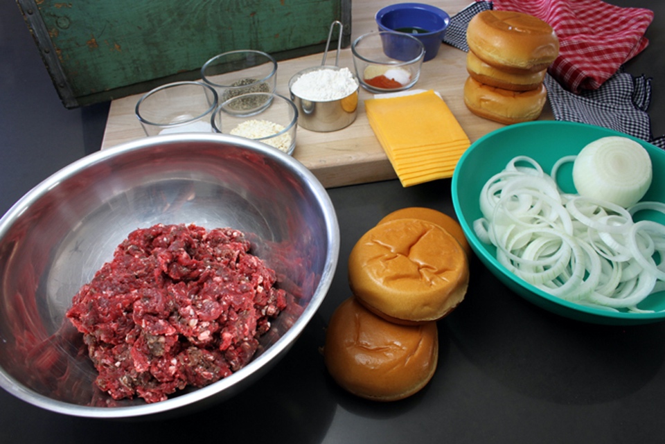 Onion Stacked Elk Cheeseburgers ground elk