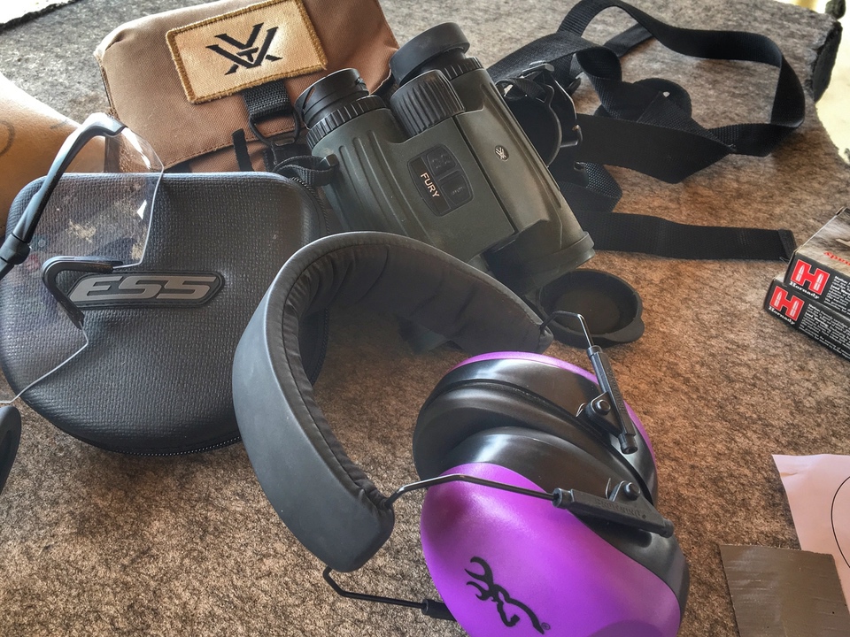 ESS eyewear, Browning earmuffs, and Vortex rangefinding binos