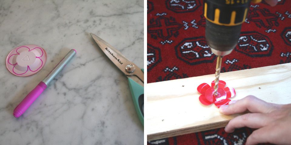 Make Your Own Recycled Bottle Hummingbird Feeder drill hole in red flower 