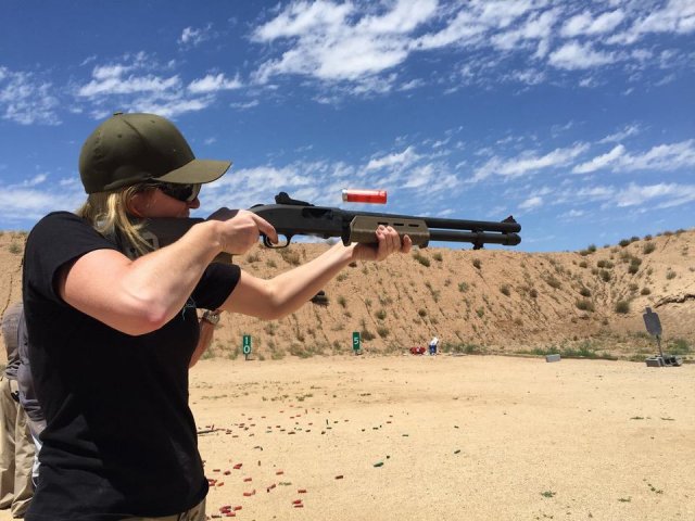 Jill Lockwood from Timney Triggers shooting shotgun Arizona