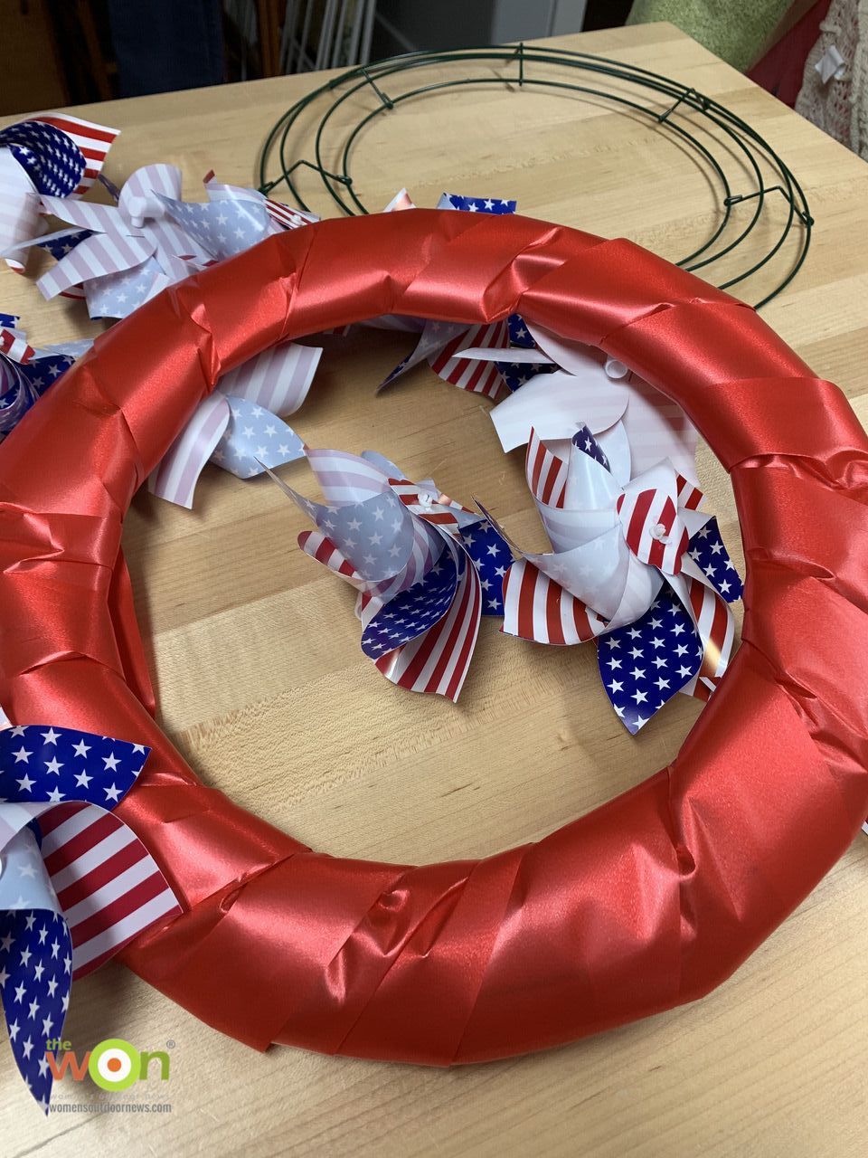 Patriotic pinwheel wreath Fourth of July in progress