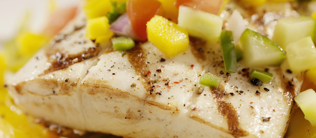 Grilled Halibut with Mango Salsa and Roasted Peppers