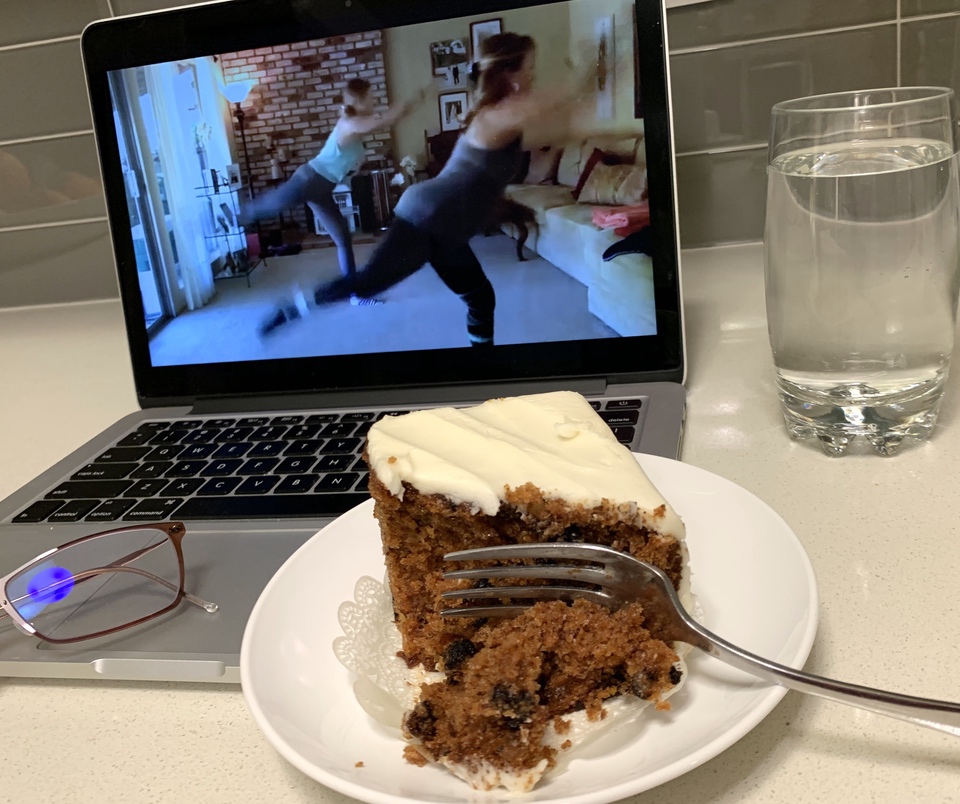 eating cake while doing exercise on Zoom