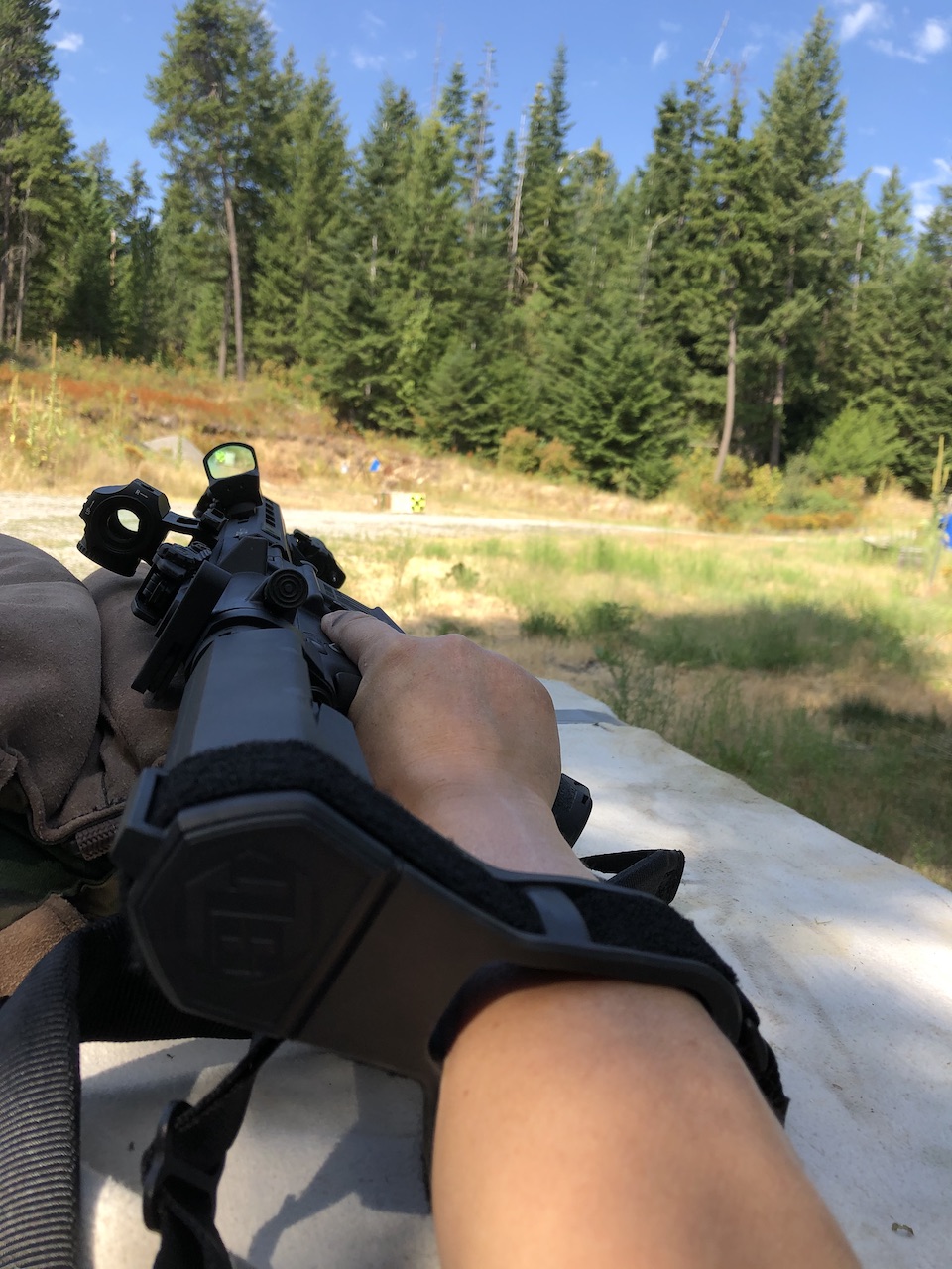 Shooting one handed with SBTA3 pistol brace through CTS1400 supported by sand bag