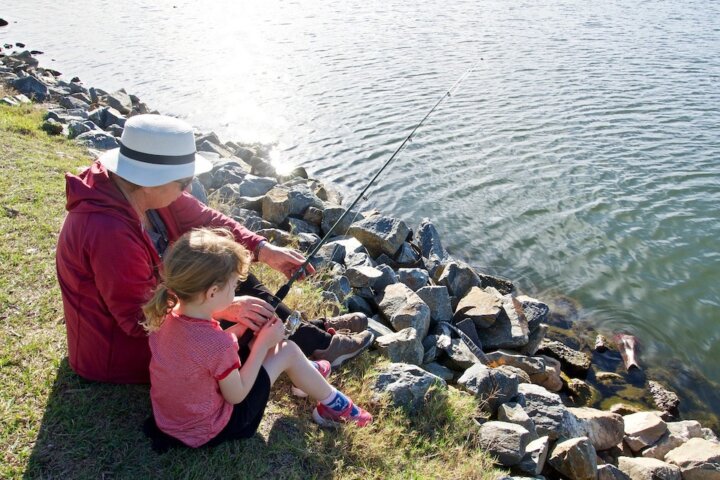 grandma and child fishing