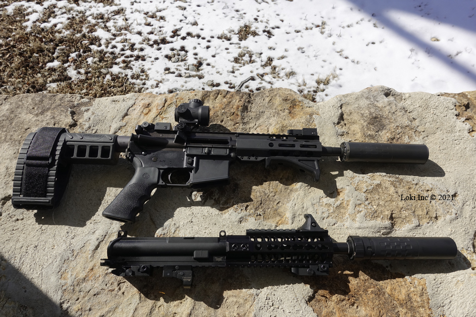 AR pistol with 300 Blk upper mounted and Omega 300, and 556 upper separated and Saker 556 ASR