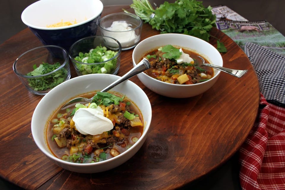 Elk Chili with Sweet Potato and Hominy