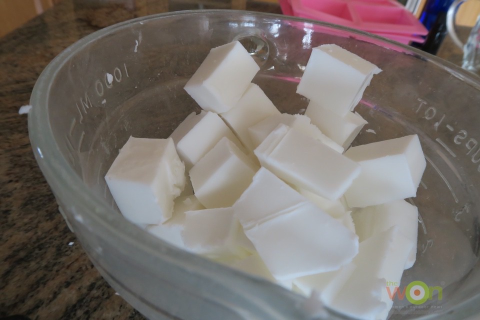 cut up soap in bowl