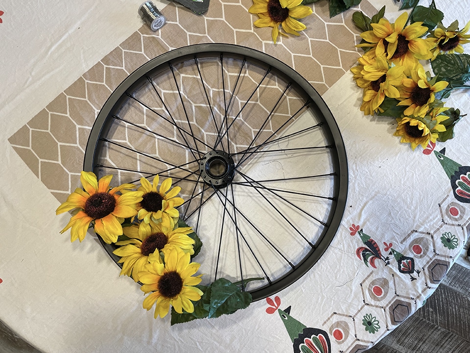 Getting started on my Upcycled Bike Wheel Wreath