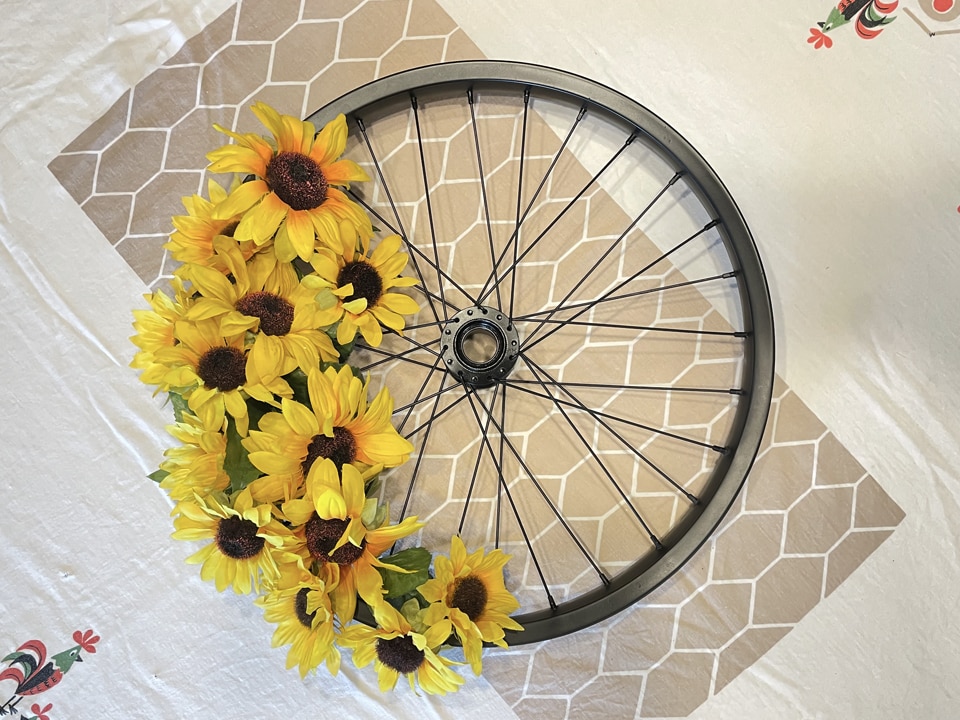 Sunflowers finished on Upcycled Bike Wheel Wreath