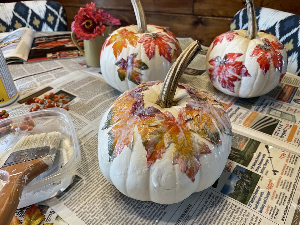 First layer of leaves done third pumpkin