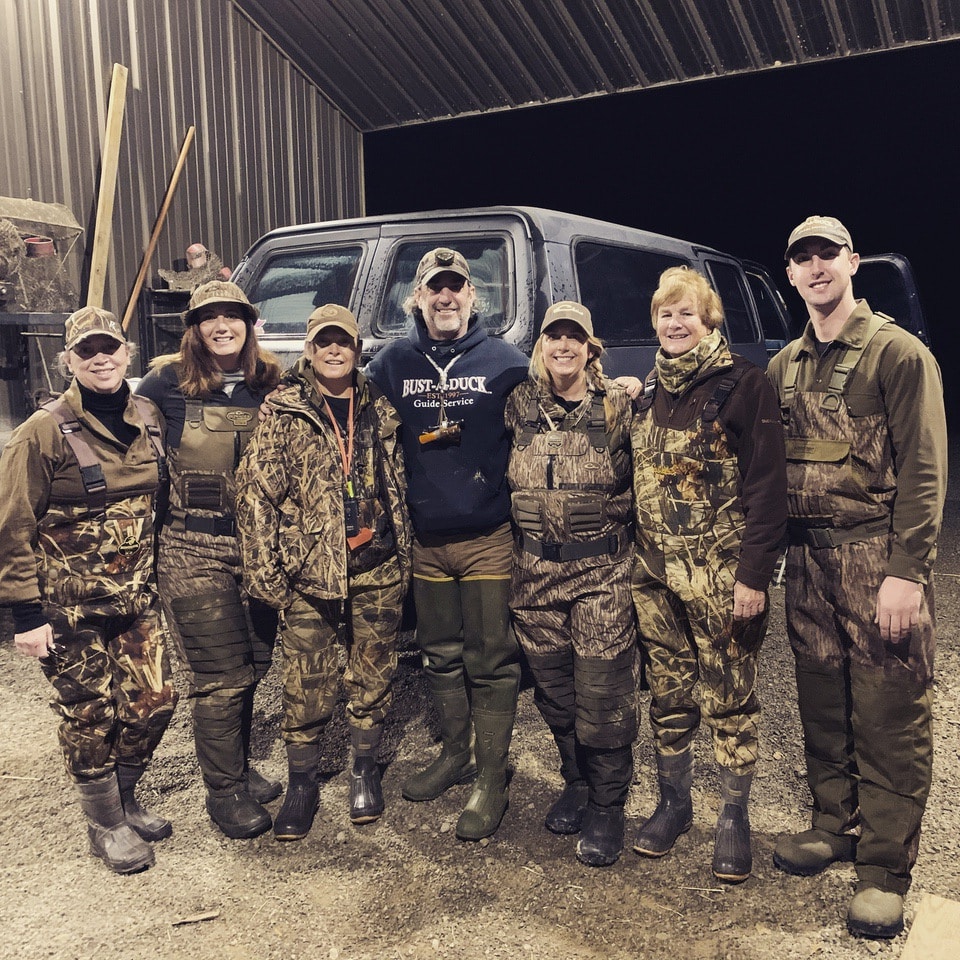 Buster and Drake with duck hunters at bust a duck