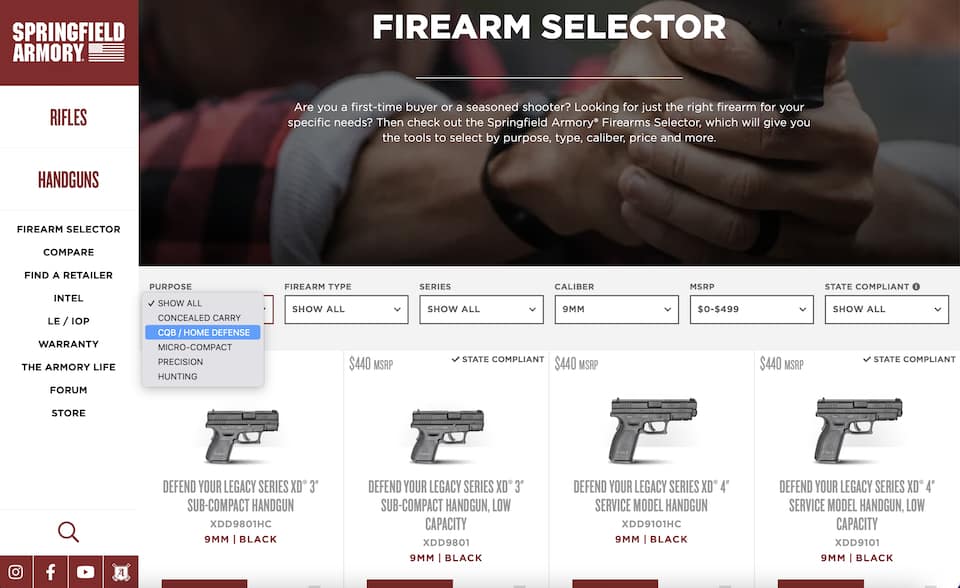 Firearm Selector on Springfield Armory’s Website