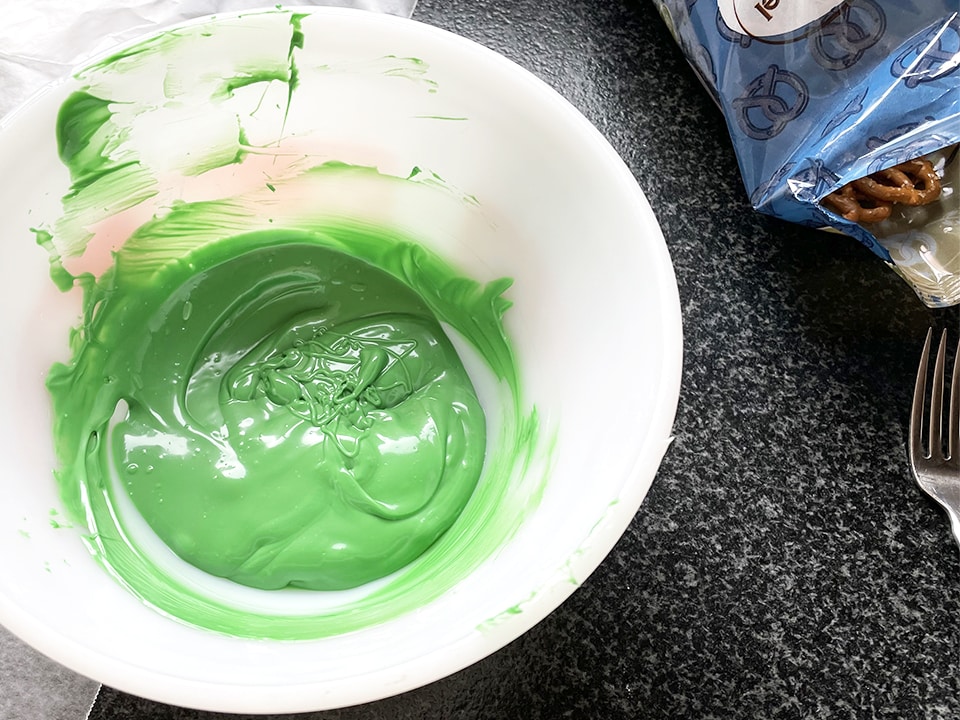Shamrock Pretzel Treats melted green wafers