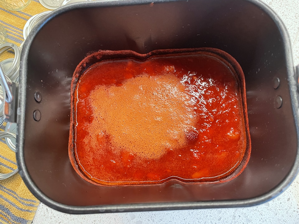 Strawberry peach jam after being cooked in bread maker