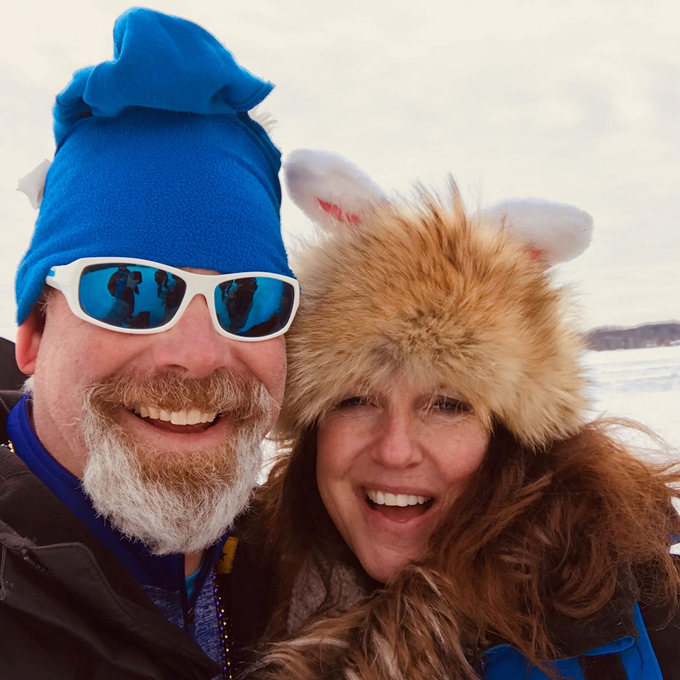 Leslie Sundahl and Matt Ice Fishing cabin