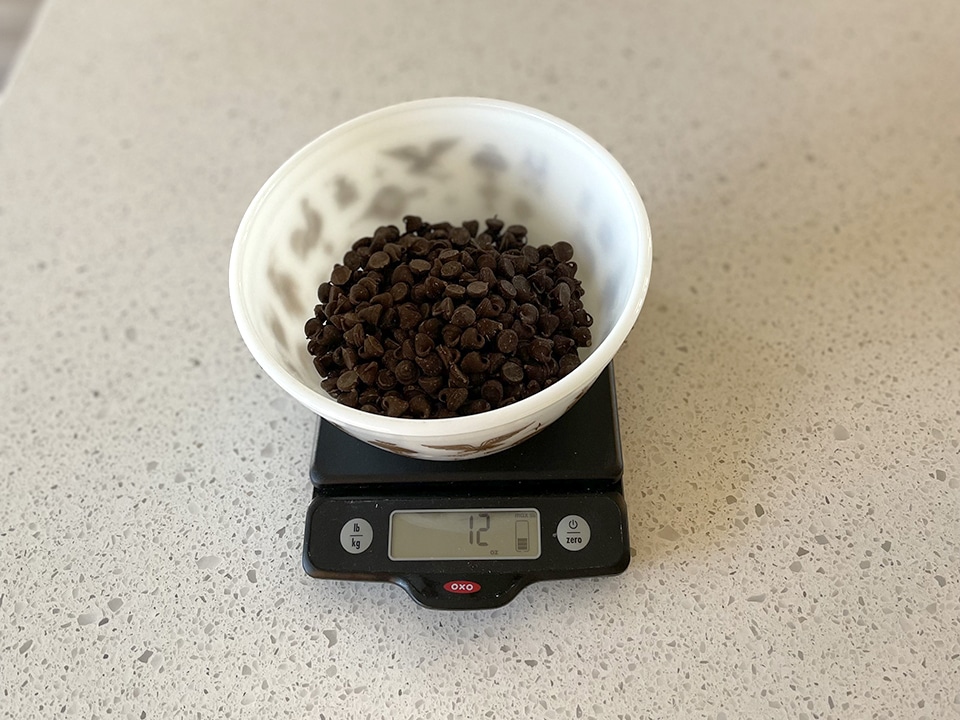 weighing chocolate chips
