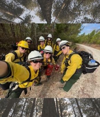 The fire crew pauses for a selfie en route to begin hazardous fuels work. The all-female workforce, called a wildland fire crew, is in partnership with the Student Conservation Association, Clemson University, and the Forest Service's Southern Research Station through funding from the Bipartisan Infrastructure Law. (Courtesy photo by Taylor Roe).