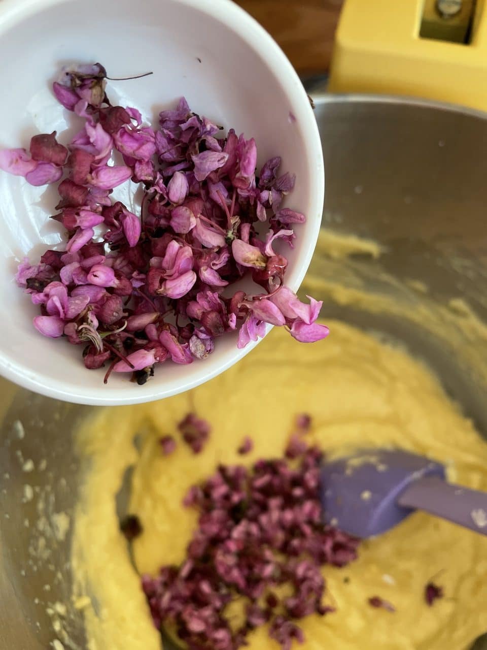 redbuds in cake batter