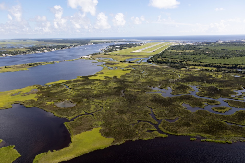 An aerial view shows salt marsh adjacent to the runway at Naval Station Mayport in Jacksonville, Florida. (Mark Bias photo)