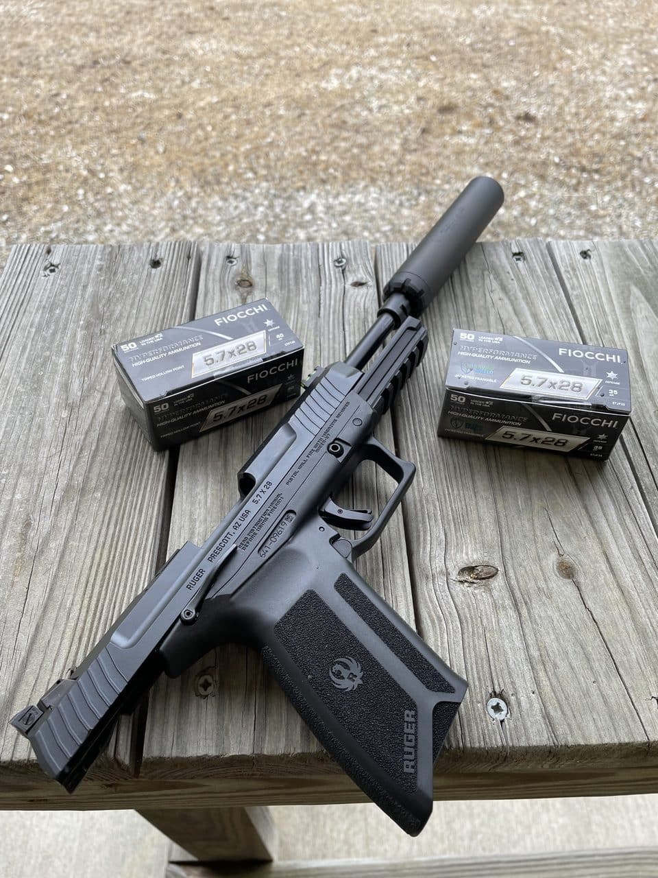 Ruger-57 with Sparrow 22 on bench