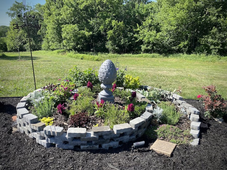 Pops of color and different plants make our spiral garden interesting.