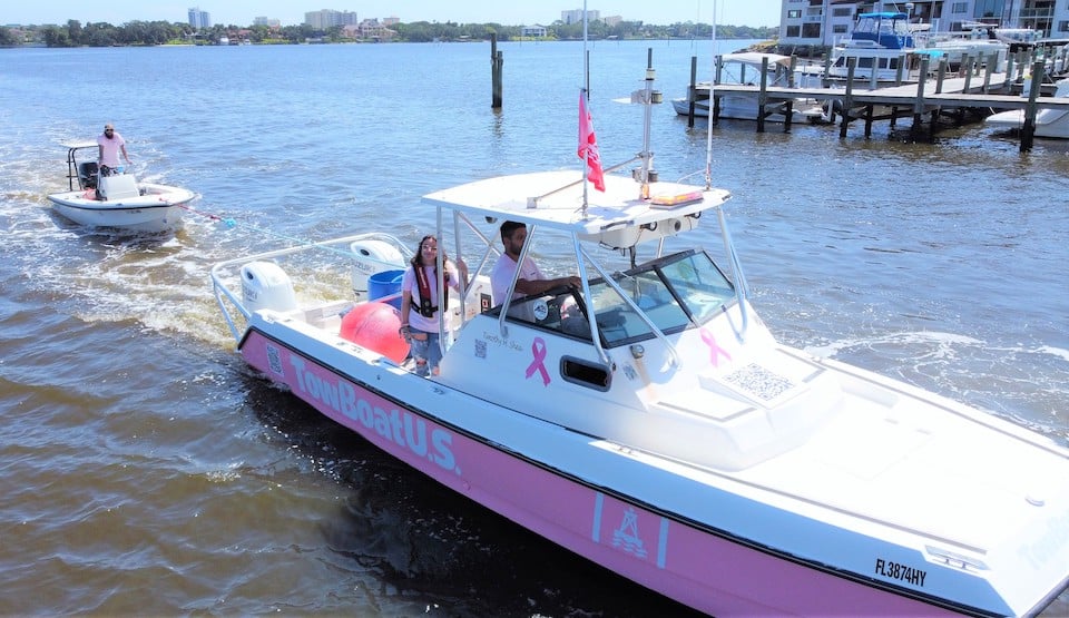 TowBoatUS Daytona crew provides towing assistance with a pink towboat in an effort to raise awareness on the water of the fight against breast cancer.