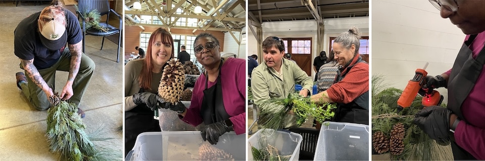 orest Service personnel from across the agency and volunteers sort greenery from the forest into decorations for the Forest Service wagon to be pulled in the 2024 Rose Parade. Left to right: Member of the wagon decorating team, Cheryl Laughlin, Hannah Hamilton, Mark Thibideau, Leslie Boak, Hannah Hamilton. (USDA forest Service photos)