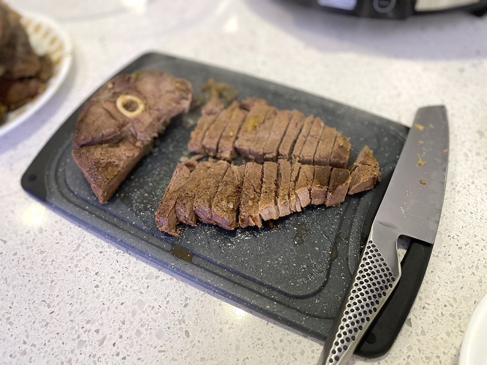 Sliced venison to be returned to crockpot