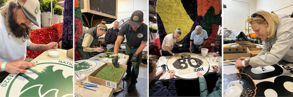 Members of the wagon decorating team apply glue and plant material to Smokey's 80th birthday emblem. Each of the emblems attached to the mule-drawn wagon is meticulously decorated with seeds, leaves, flowers or other plant parts. (USDA Forest Service photos by Tom Stokesberry)