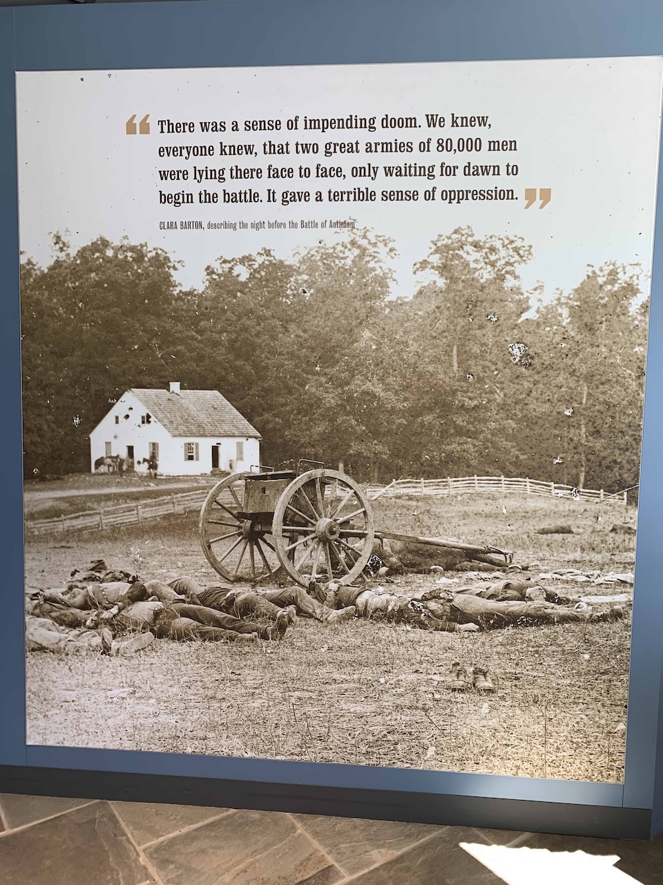 This is a photo of the Dunker Church just after the battle, accompanied by one of Clara Barton’s quotes. Note the damage to the church. Antietam
