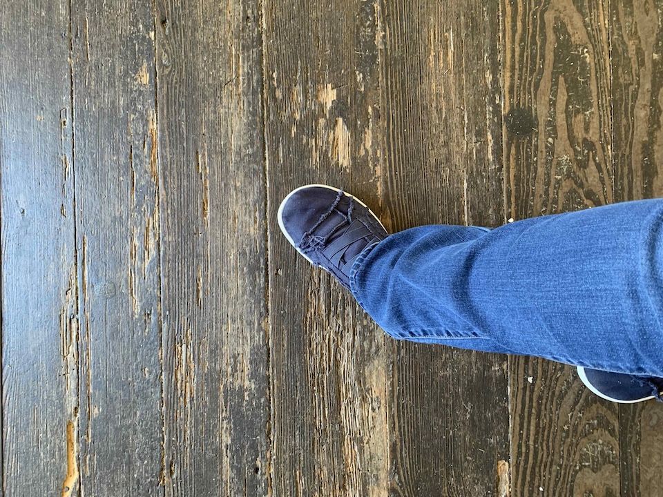 My foot on the original floorboards of the Dunker Church. The two rightmost floorboards are not original. 