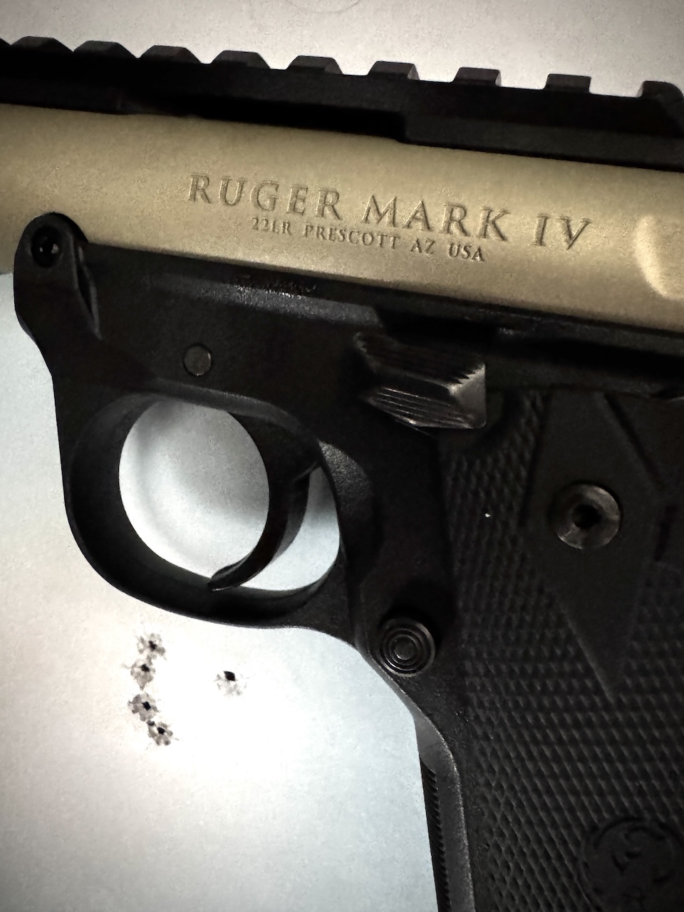 Tight Group 21 feet Ruger Mark IV 22 45 Lite