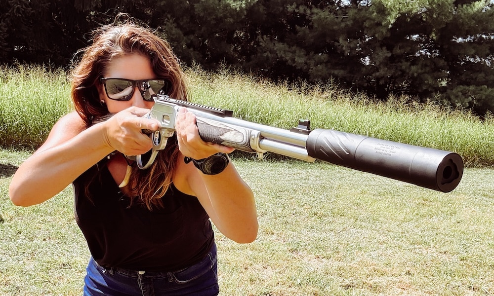 Woman shooting Marlin SBL with Banish 46 44 Magnum